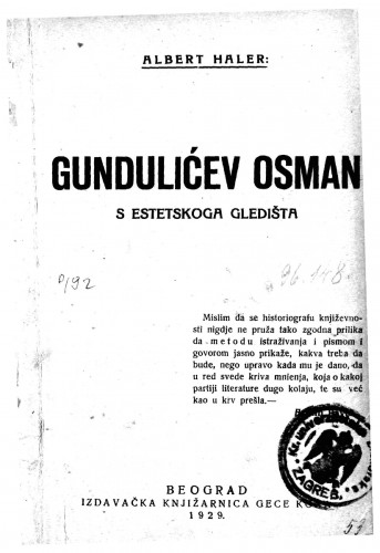 Gundulićev Osman : s estetskoga gledišta / Albert Haler.