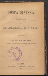 Gospa Sinjska : s dodatkom o andjeoskoj krieposti / napisao Ivan Marković.
