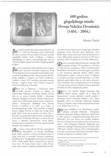 600 godina glagoljskoga misala Hrvoja Vukčića Hrvatinića (1404.-2004.) /Marica Čunčić