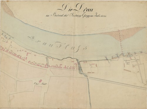 Die Drau im Bereich der Festung Essegg im Jahr 1845.