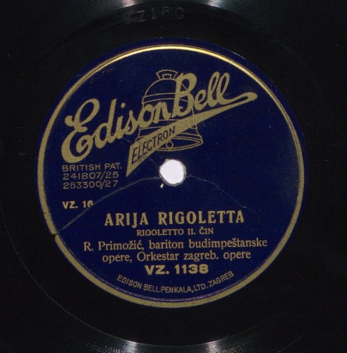 Arija Rigoletta   : Rigoletto, II. čin  / [Giuseppe Verdi] ; [izvodi] R. [Robert] Primožić, bariton budimpeštanske opere ; Orkestar zagrebačke opere.