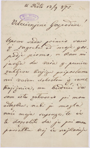 Pismo Ivana Kukuljevića Sakcinskog Vatroslavu Jagiću   : u Pešti 13. IX. 1875.