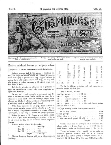 Gospodarski list : organ hrv. slav. gospodarskoga družtva : 52,10(1904) / uredjuje u ime upravlj. odbora gospod. družtva tajnik družtva Fran Kuralt.