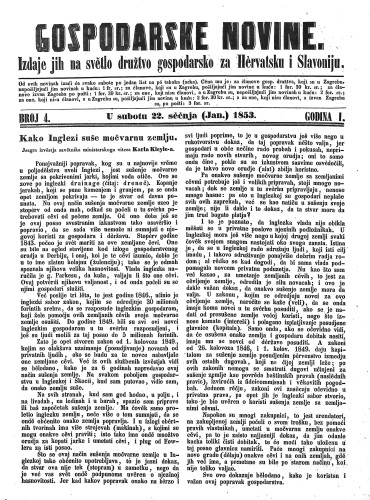 Gospodarske novine : izdaje jih na svetlo družtvo gospodarsko za Hervatsku i Slavoniju : 1,4(1853) / odgovorni urednik Dragutin Rakovec.
