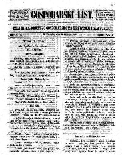 Gospodarski list : 5,5(1857) / odgovorni urednik Lj. Vukotinović.