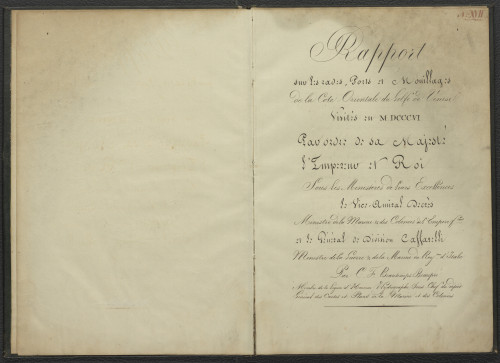 Rapport sur les rades, Ports et Mouillages de la Cote Orientale du Golfe de Venise : visites au MDCCCVI / par C. [Charles] F. [Francois] Beautemps - Beaupre ; assiste Daussy et Tician scrise Paolo Birasco ; disegnato del Ekerlin