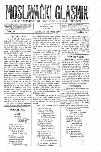 Moslavački glasnik : list za gospodarstvo, obrt, pouku, zabavu i trgovinu : 1,16(1907) / urednik Stjepan Geroč.