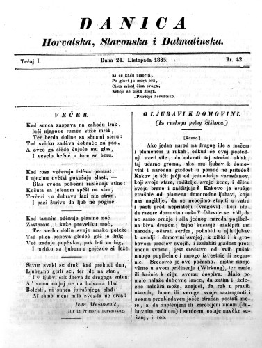 Danica horvatska, slavonska i dalmatinska : 1,42(1835) / redaktor Ljudevit Gaj.