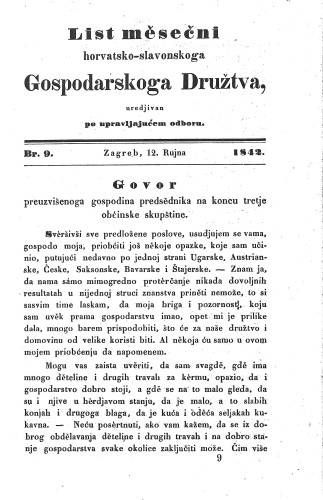 List mesečni Horvatsko-slavonskoga gospodarskoga družtva : 1,9(1842) / uredjivan po upravljajućem odboru.