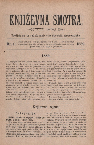 Književna smotra : mjesečna priloga k "Napredku" : 7,1(1889) / uredjuje Ivan Filipović.