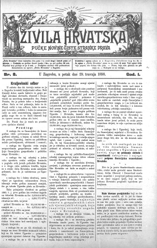 Živila Hrvatska : pučke novine čiste stranke prava : 1,8(1898) / odgovorni urednik Josip Zoček.