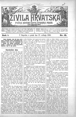 Živila Hrvatska : pučke novine čiste stranke prava : 1,10(1898) / odgovorni urednik Josip Zoček.