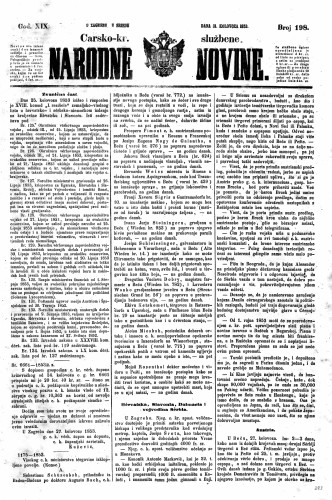 Carsko-kr. službene narodne novine : 19,198(1853) / učrednik Dr. Ljudevit Gaj.