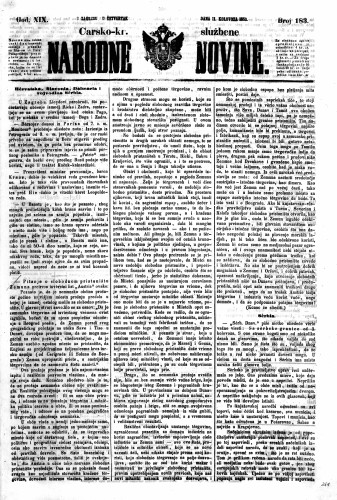 Carsko-kr. službene narodne novine : 19,183(1853) / učrednik Dr. Ljudevit Gaj.