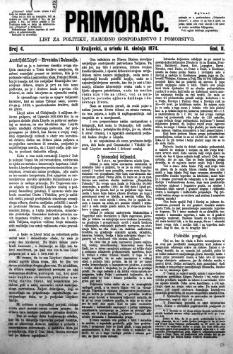 Primorac : list za politiku, narodno gospodarstvo i pomorstvo : 2,4(1874) / odgovorni urednik N. Hajdić.