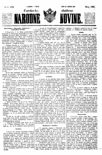 Carsko-kr. službene narodne novine : 19,166(1853) / učrednik Dr. Ljudevit Gaj.