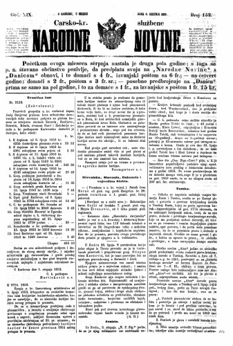 Carsko-kr. službene narodne novine : 19,152(1853) / učrednik Dr. Ljudevit Gaj.