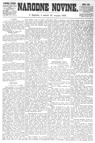 Narodne novine : 33,159(1867) / odgovorni urednik Ljudevit Gaj.
