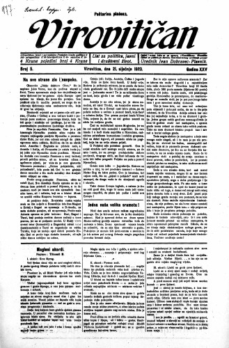 Virovitičan : list za politiku, javni i društveni život : 25,5(1923) / odgovorni urednik Ivan Dobravec-Plevnik.