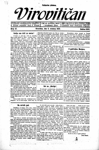 Virovitičan : list za politiku, javni i društveni život : 24,47(1922) / odgovorni urednik Ivan Dobravec-Plevnik.