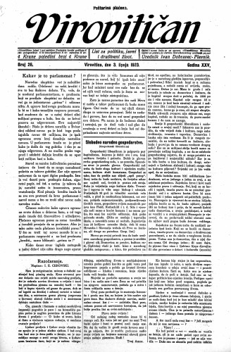 Virovitičan : list za politiku, javni i društveni život : 25,26(1923) / odgovorni urednik Ivan Dobravec-Plevnik.