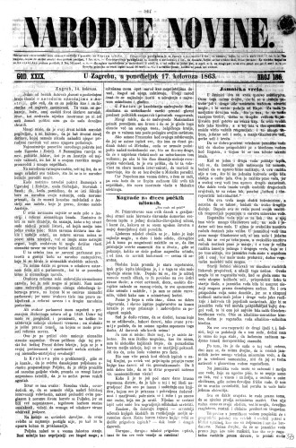 Narodne novine : 29,186(1863) / odgovorni urednik Ljudevit Gaj.