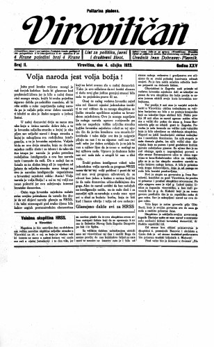 Virovitičan : list za politiku, javni i društveni život : 25,11(1923) / odgovorni urednik Ivan Dobravec-Plevnik.