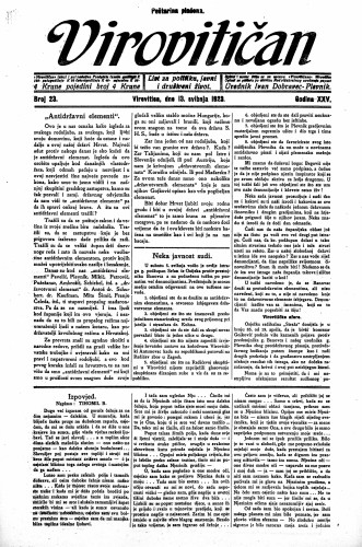 Virovitičan : list za politiku, javni i društveni život : 25,23(1923) / odgovorni urednik Ivan Dobravec-Plevnik.