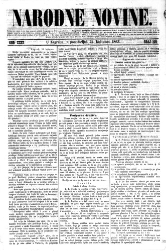 Narodne novine : 29,191(1863) / odgovorni urednik Ljudevit Gaj.