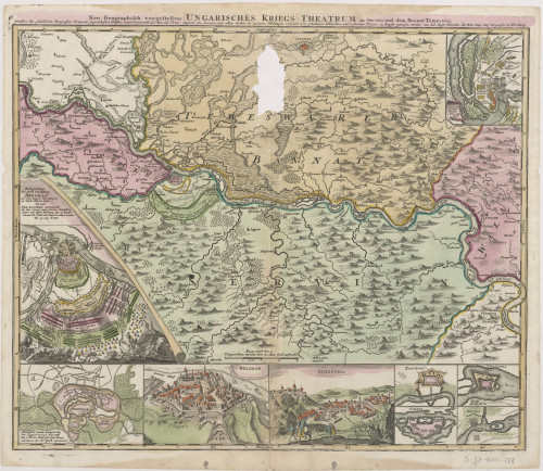 Neu Geographisch vorgestelltes Ungarisches Kriegs-Theatrum in Servien und dem Bannat Temeswar Worinen : die glückliche Progressen Kayserl. siegreichesten Waffen, unter Commando des Durchl. Princ. Eugenii vom Savojen mit allen bisher zweyen Feldzügen 1716 gehaltenen Schlachten und eroberten Plätzen / von Ioh. Bapt. Homann