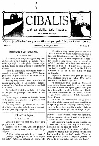 Cibalis : list za zbilju, šalu i satiru : 1,9(1905) / odgovorni urednik Anton Rott.