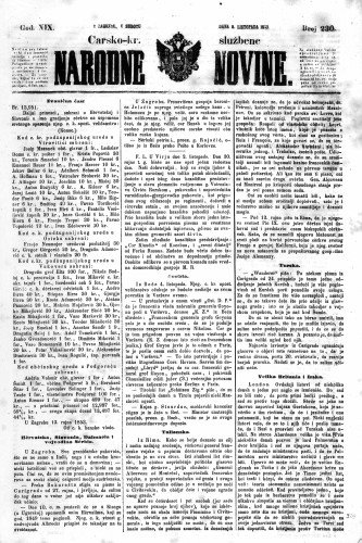 Carsko-kr. službene narodne novine : 19,230(1853) / učrednik Dr. Ljudevit Gaj.