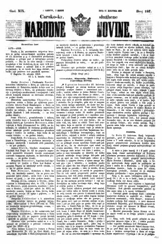 Carsko-kr. službene narodne novine : 19,187(1853) / učrednik Dr. Ljudevit Gaj.