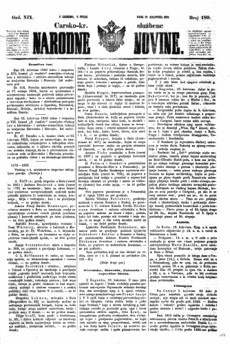 Carsko-kr. službene narodne novine : 19,189(1853) / učrednik Dr. Ljudevit Gaj.
