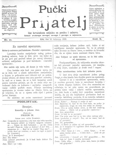 Pučki prijatelj : list hrvatskom seljaku za pouku i zabavu : 10,21(1909) / za uredništvo odgovara Miho Brusić.