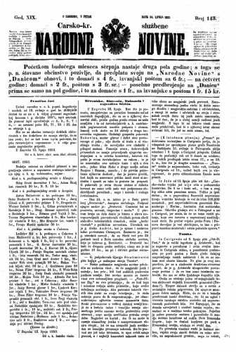 Carsko-kr. službene narodne novine : 19,143(1853) / učrednik Dr. Ljudevit Gaj.