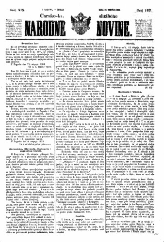 Carsko-kr. službene narodne novine : 19,163(1853) / učrednik Dr. Ljudevit Gaj.