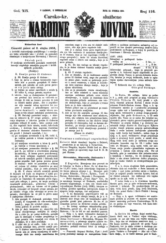 Carsko-kr. službene narodne novine : 19,116(1853) / učrednik Dr. Ljudevit Gaj.