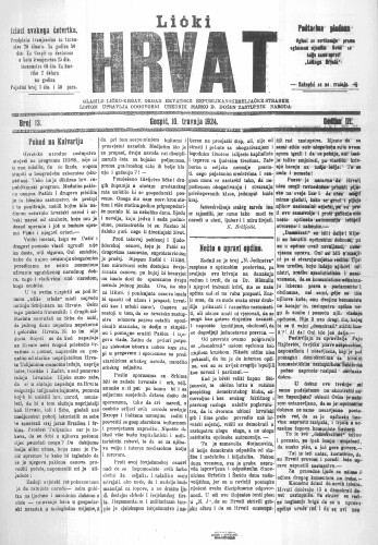 Lički Hrvat : 3,13(1924) : glasilo ličko-krbav. : organ Hrvatske republikanske seljačke stranke / odgovorni urednik: Marko D. Došen.