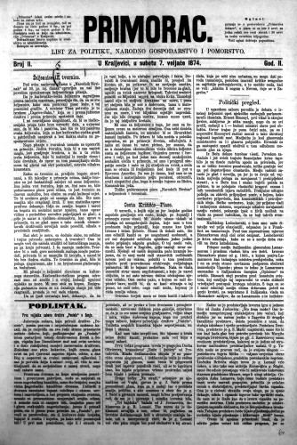 Primorac : list za politiku, narodno gospodarstvo i pomorstvo : 2,11(1874) / odgovorni urednik N. Hajdić.