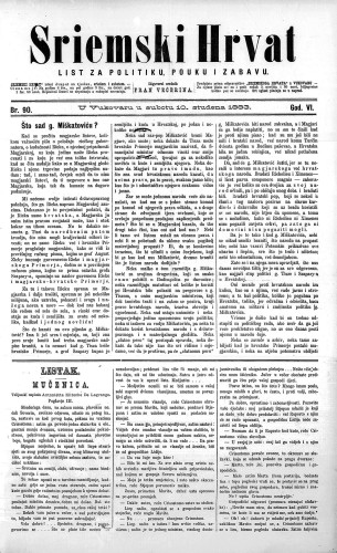 Sriemski Hrvat : list za politiku, pouku i zabavu : 6,90(1883) / odgovorni urednik Fran Večerina.
