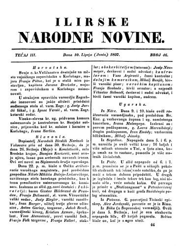 Ilirske narodne novine : 3,46(1837) / učrednik Ljudevit Gaj.