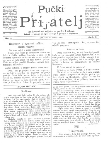 Pučki prijatelj : list hrvatskom seljaku za pouku i zabavu : 10,11(1909) / za uredništvo odgovara Miho Brusić.