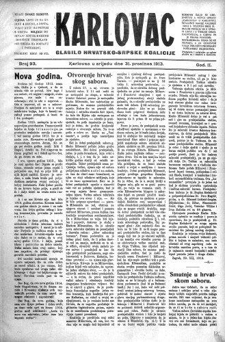 Karlovac : glasilo Hrvatsko-srpske koalicije : 2,93(1913) / odgovorni urednik Ivo Badovinac.