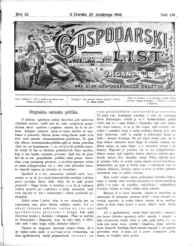Gospodarski list : organ hrv.-slav. gospodarskoga družtva : 54,22(1906) / uredjuje u ime upravlj. odbora gospod. družtva Milan Krištof.
