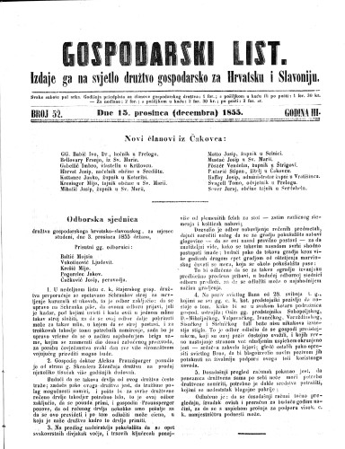 Gospodarski list : 3,52(1855) / odgovorni urednik Lj. Vukotinović.
