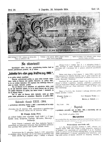 Gospodarski list : organ hrv. slav. gospodarskoga družtva : 52,20(1904) / uredjuje u ime upravlj. odbora gospod. družtva tajnik družtva Fran Kuralt.