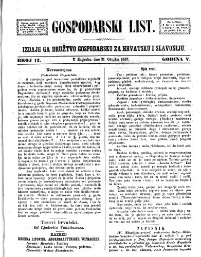 Gospodarski list : 5,12(1857) / odgovorni urednik Lj. Vukotinović.