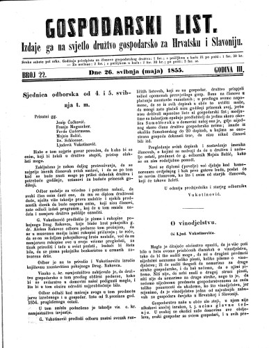 Gospodarski list : 3,22(1855) / odgovorni urednik Lj. Vukotinović.