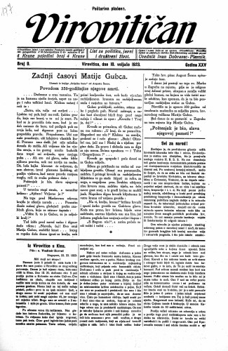 Virovitičan : list za politiku, javni i društveni život : 25,9(1923) / odgovorni urednik Ivan Dobravec-Plevnik.